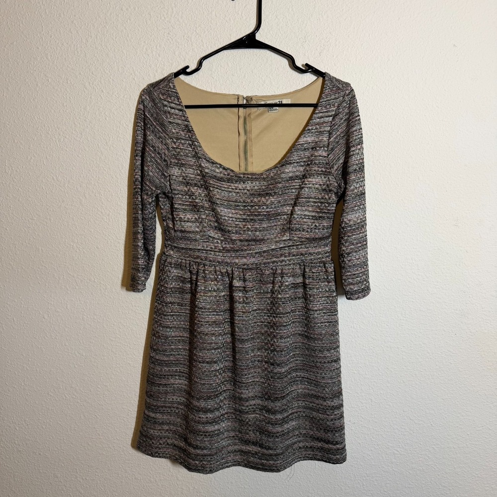 Forever 21 Mini Dress Womens Medium Gray Knit Striped Long Sleeve Round Neck‎